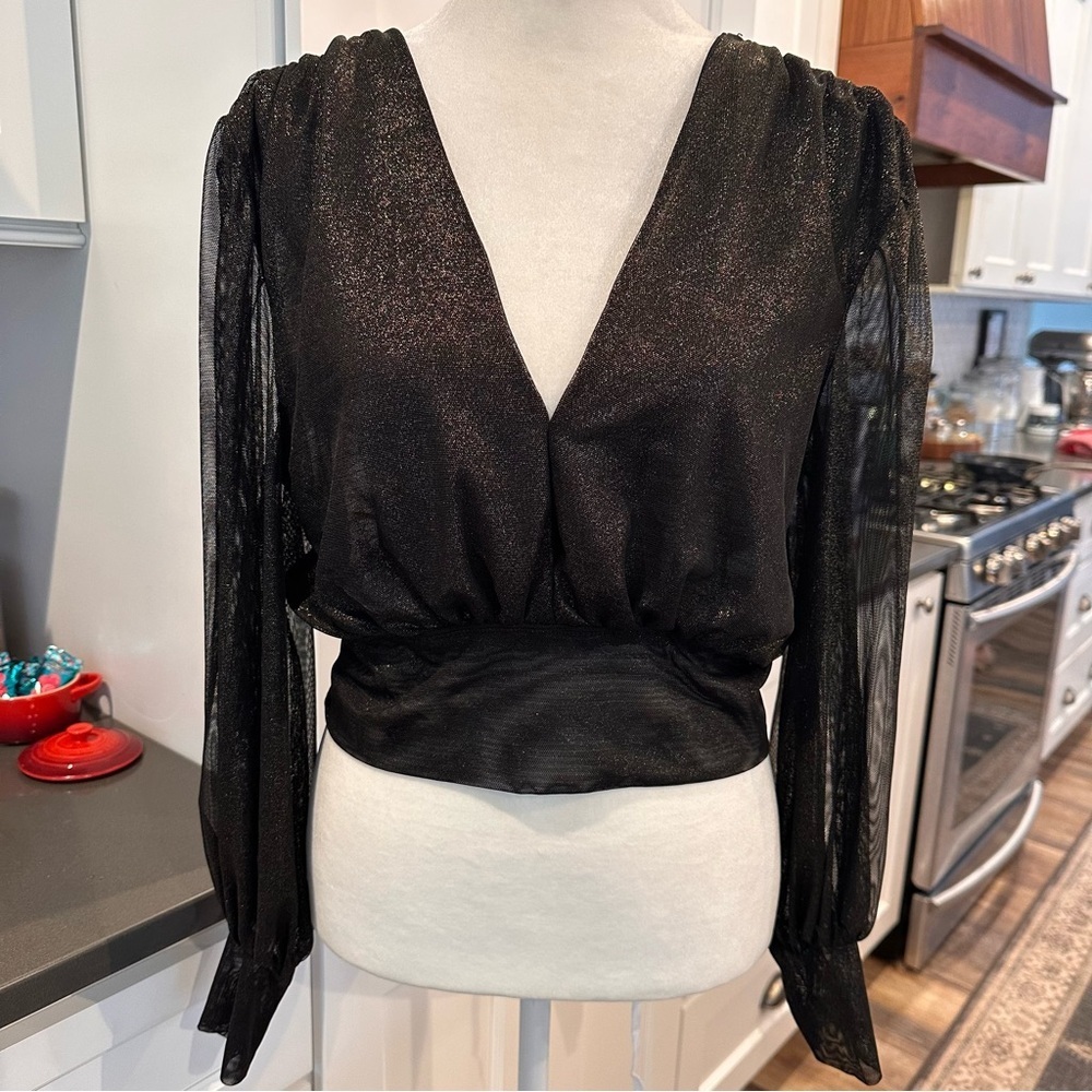 Women Black VNeck Sheer Long Sleeve Shimmer Blouse Top M Sparkle Party Going Out